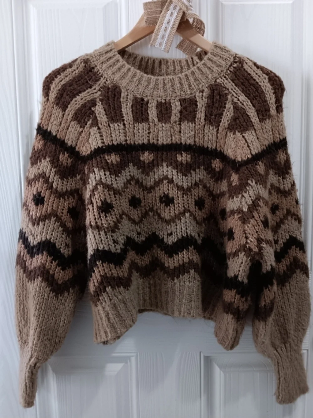 By Anthropologie Caramel Chai Carson Fair Isle Geo Chunky Knit  Crewneck Sweater